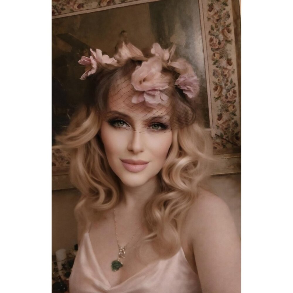 LOUIS Styled in California Vintage Floral Hat Black Net Pink Silk Roses